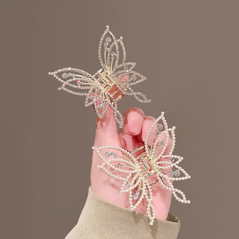 1pc Medium Hair Claw Clip, Non Slip Hair Clamp Butterfly Style Rhinestone Pearl Decor Barrettes For Thin Thick Hair