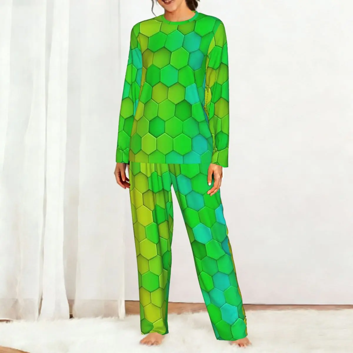 Golf Ball Hexagons Pattern Round Neck Long Sleeve Nightgowns for Sleeping Sleepshirts Women Loose Pajama Set Long Pants