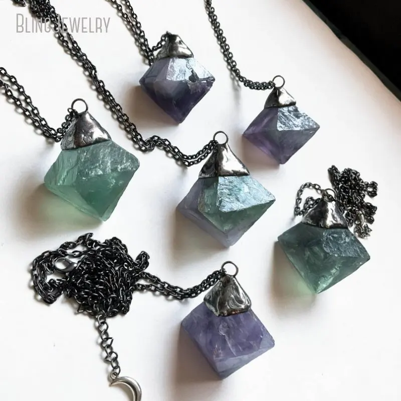 10pcs Rainbow Fluorite Octahedron Crystal Necklace Healing Stone Reiki Wicca Witch Jewelry Gift for Women