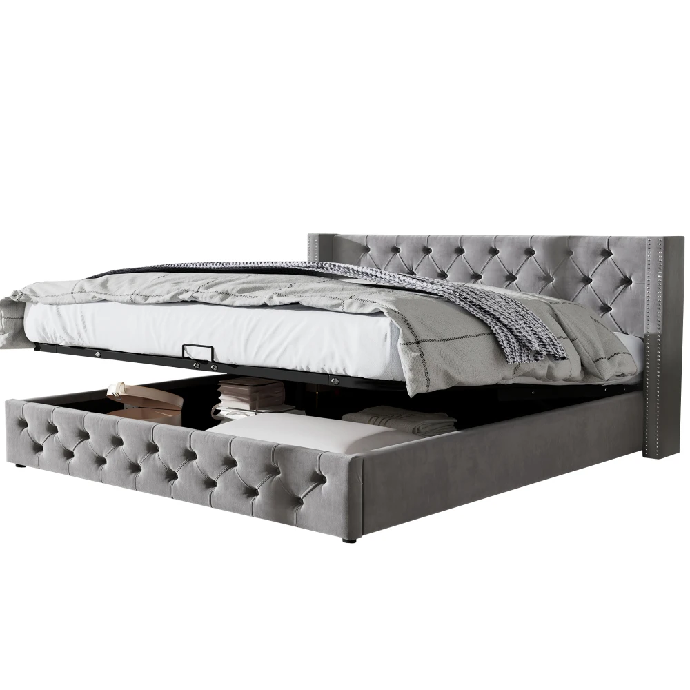 Gepolstertes Doppelbett aus schwarzem Samtflanell mit Nietenknopf und hydraulischem Stauraum (ohne Matratze), 160 x 200 cm oder 180 x 200 cm – Detail 13