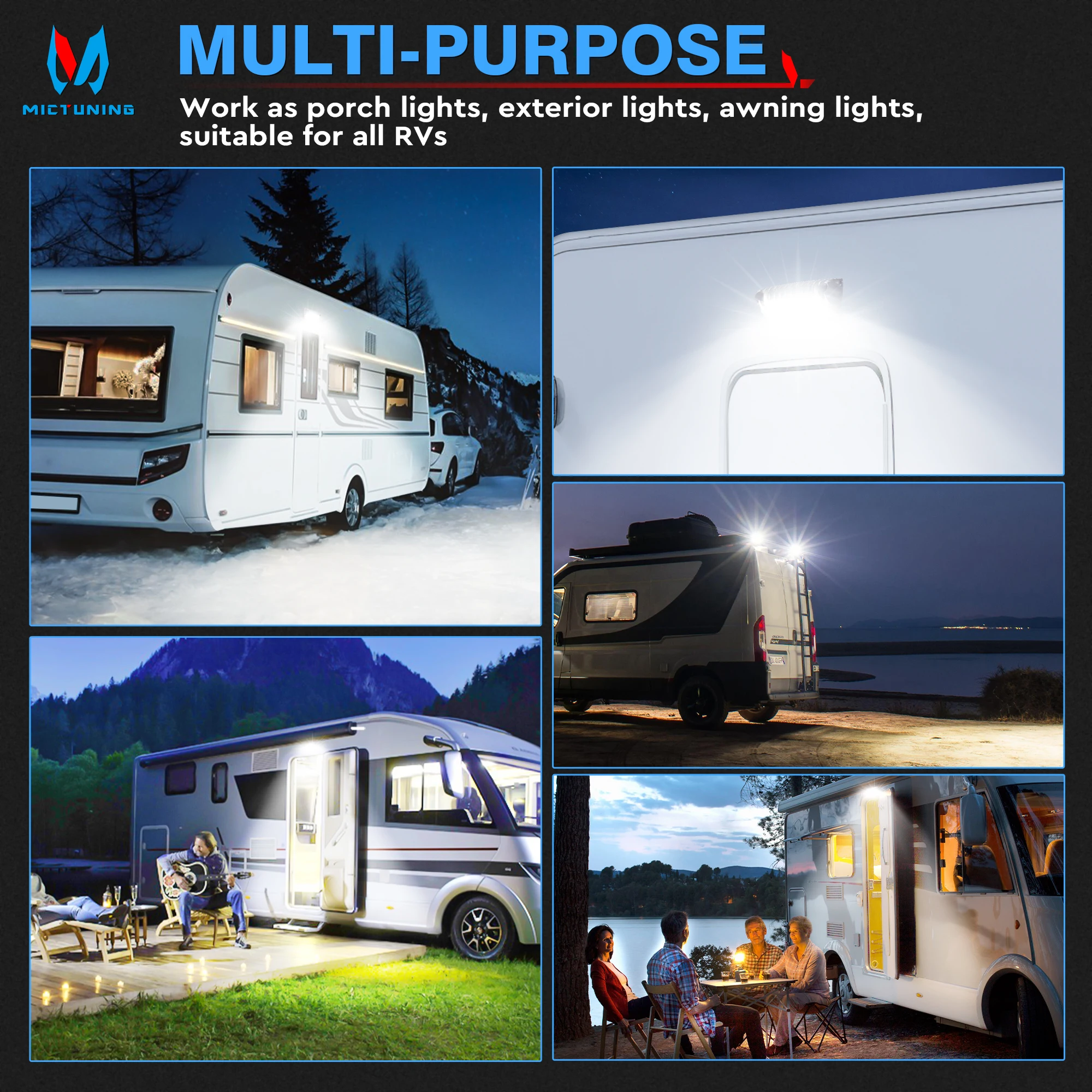 MICTUNING 2 uds RV luz LED para exteriores para porche, luces para toldo de 12V 6300K, iluminación de repuesto Exterior impermeable para campistas