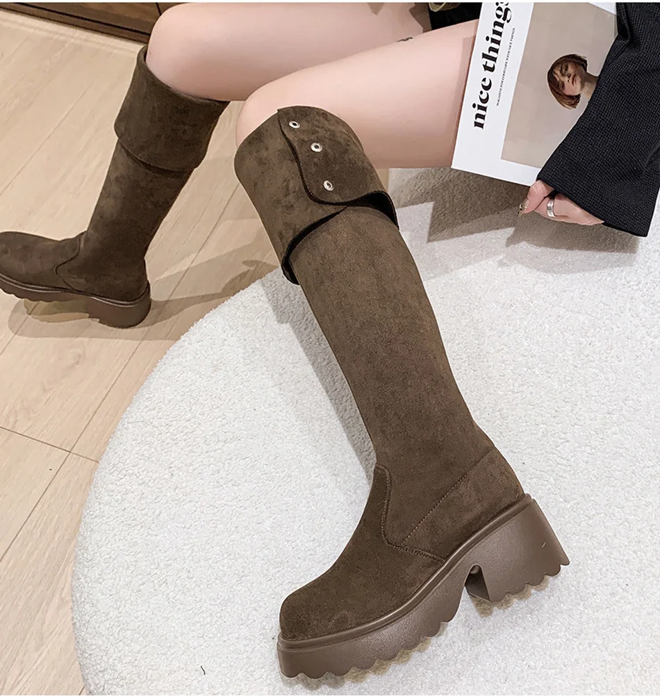 Above the knee B Women 2 Way Foldable Suede Leather Platform Boots Autumn Winter Chunky Heel Over The Knee Rider Bootsots
