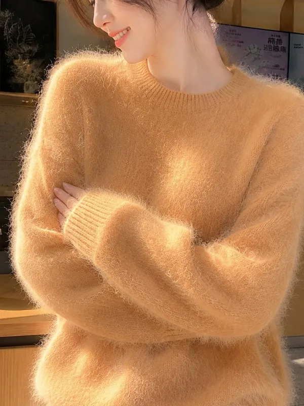 Soft Cozy Autumn Winter Woolen Knitted round Neck Pullover Women Loose Fleece Lined Fluffy Milk Color Top Female Fashion