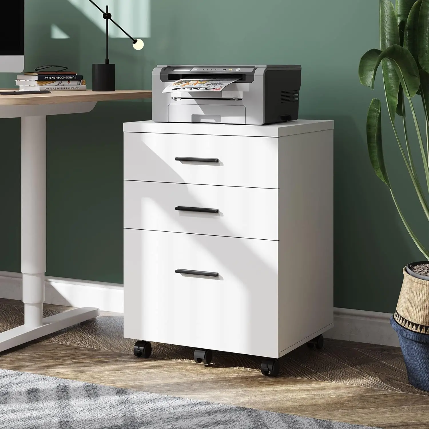 3 Drawer File Cabinet for Home Office,Durable Wood Under Desk Filing Cabinet,Rolling Printer Stand w/ Wheels,White/Black/Walnut