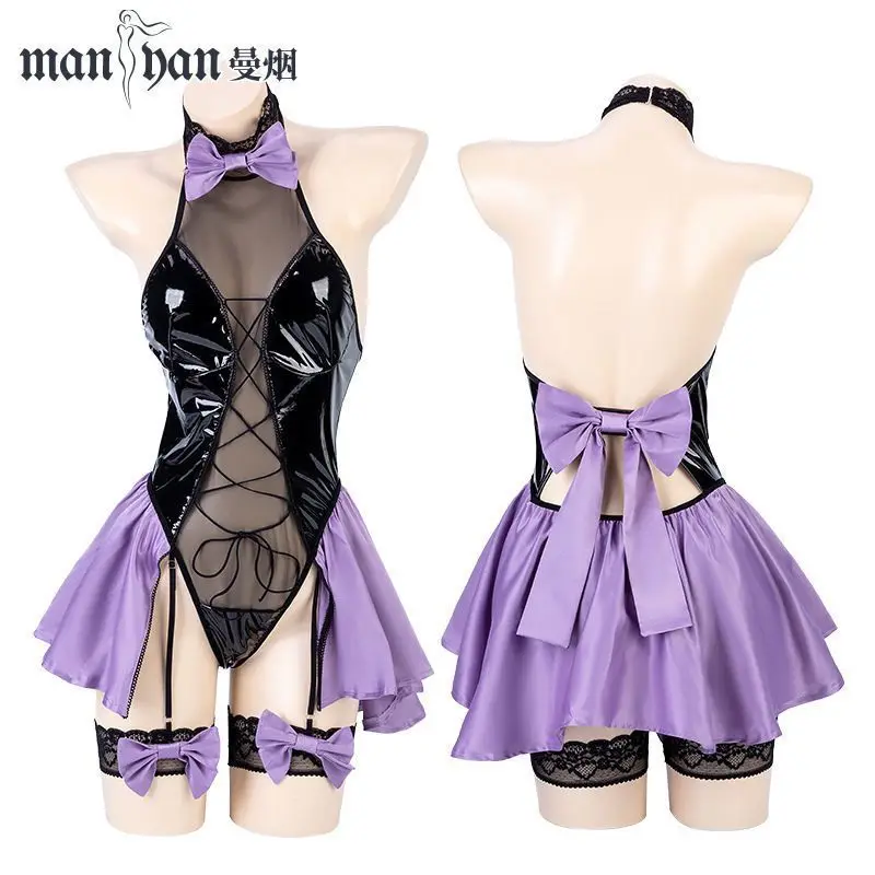 cosplay Set di biancheria intima sexy splicing tutina trasparente con spalle scoperte file aperto senza Spice girl passione pizzo seduzione backles