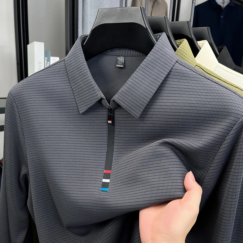 

High end half zipper long sleeve polo shirt men trend luxury spring autumn lightweight comfort personality check casual T-shirt