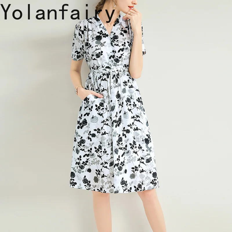 YOLANFAIRY 100% Reale Abiti di Seta di Gelso per la Donna 2025 High-end Stampato Abito Bianco Abiti Eleganti Abiti Estivi vestidos de mujer