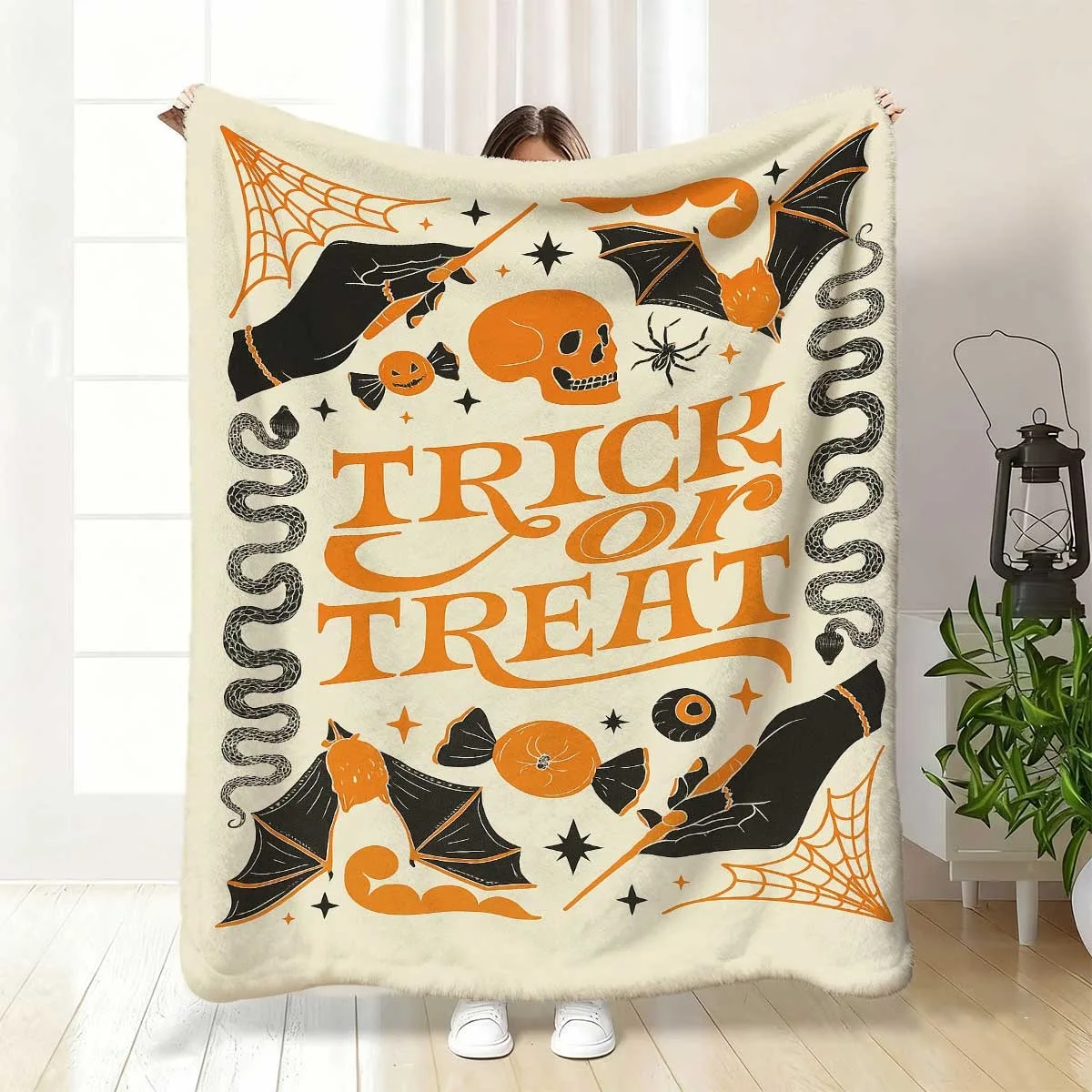 1pc Halloween Blanket - Trick or Treat Throw with Spooky Pumpkin, Bat, Skull Designs - Soft Flannel All-Season Decorative Couch, Bed, Party Decor - Easy Care Non-Irritating Halloween Party Decoration