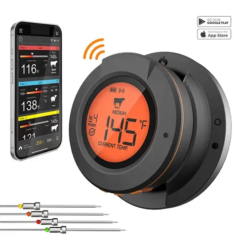 Thermomètre à viande sans fil numérique Bluetooth, pour cuisson des aliments, barbecue, gril, four, fumeur, prise en charge de la sonde 2/4, contrôle gratuit par application