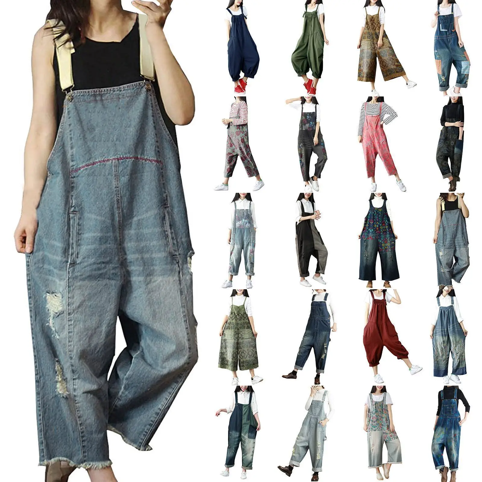 

Vintage Streetwear Ripped Jeans Jumpsuit Women Casual Loose Wide Leg Straps Denim Rompers Overalls Female Cargo Baggy Bib Pants