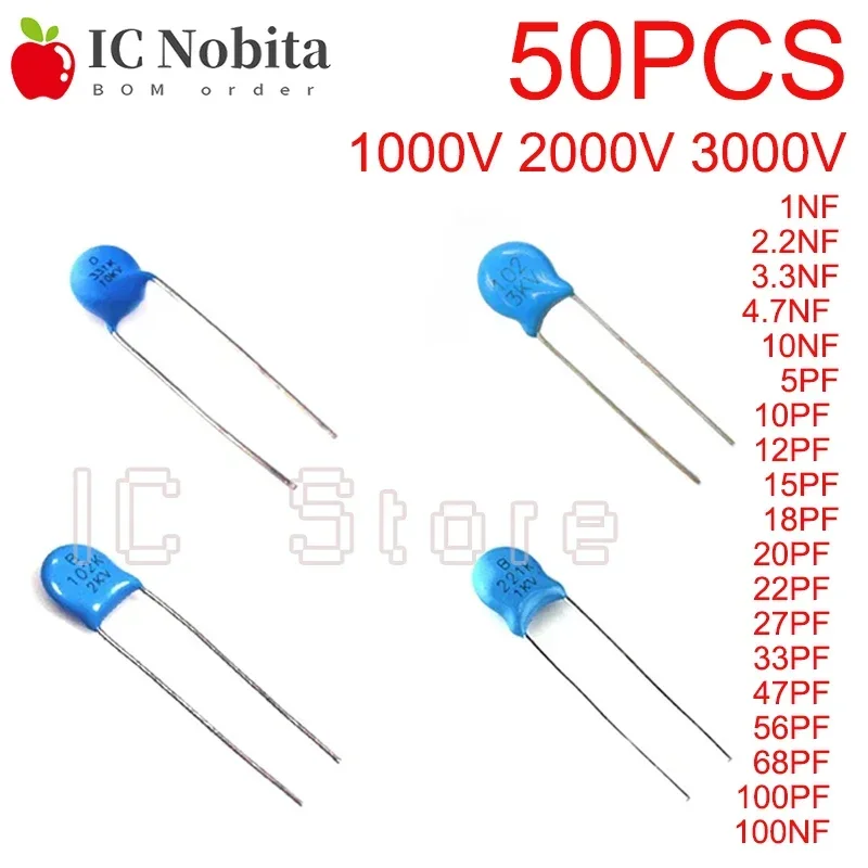 

50PCS Ceramic Capacitor High Voltage 1000V 2000V 3000V 1NF 2.2NF 10NF 12PF 15PF 22PF 27PF 33PF 47PF 56PF 68PF 100PF 330PF 470PF