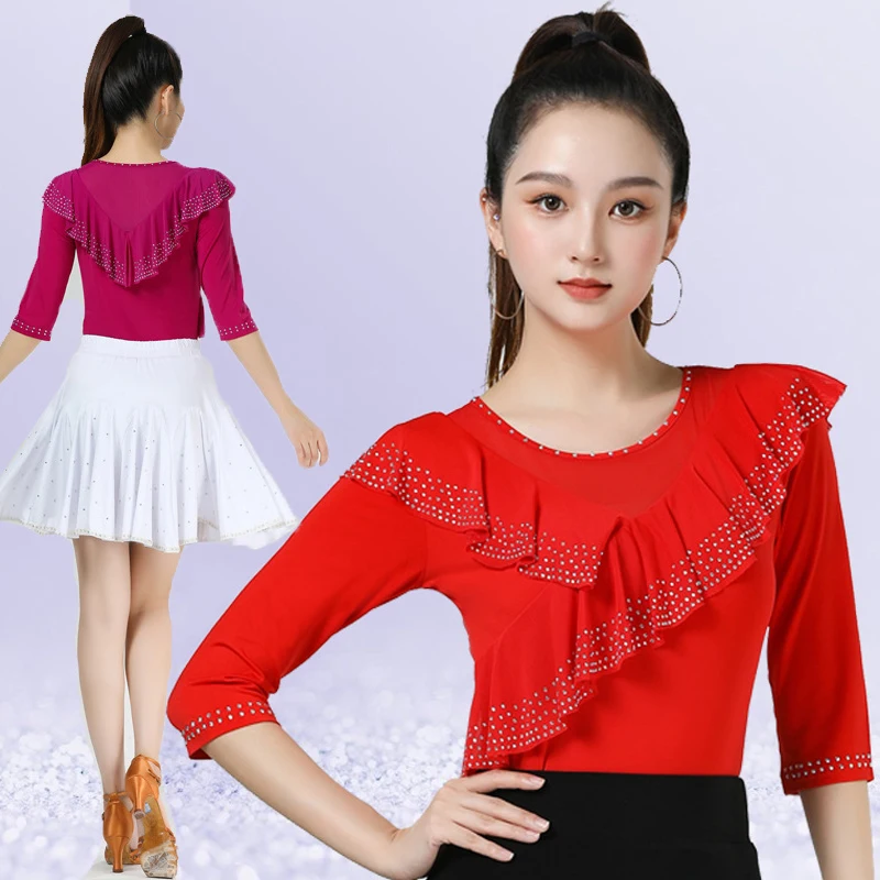 latin-dance-performance-outfit-crystal-linen-three-step-beat-midi-dress-round-neck-sleeveless-women's-fitness-square-dance-top