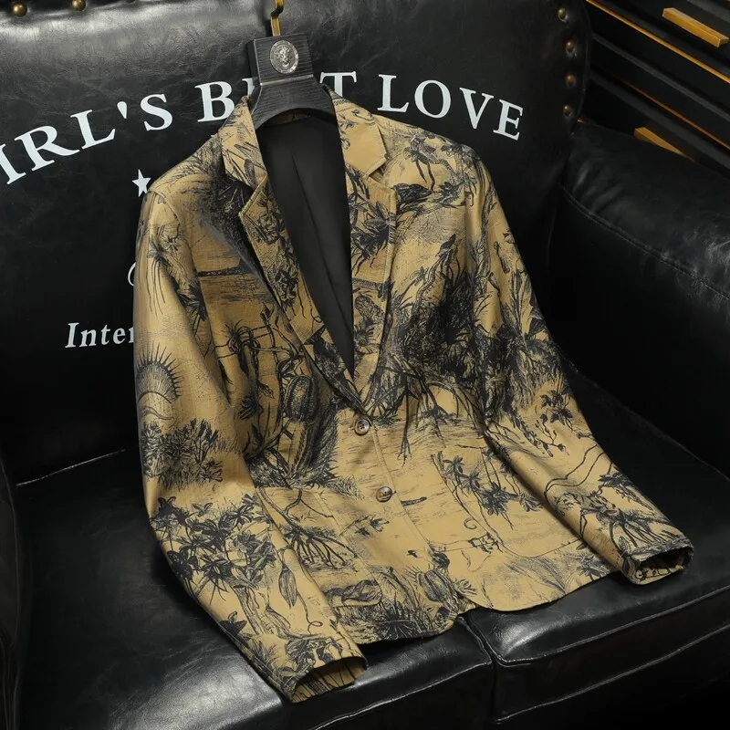 

Printed Casual Men's Suit Jaet Youth Floral Pattern Busin Leisure Outerwear Stand Fit Long Sve Faion Urban Sle