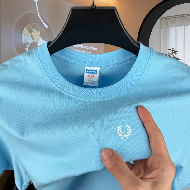 

100% pure cotton high-end brand men's round neck short sleeved top summer fashion luxury wheat embroidery design casual T-shirt