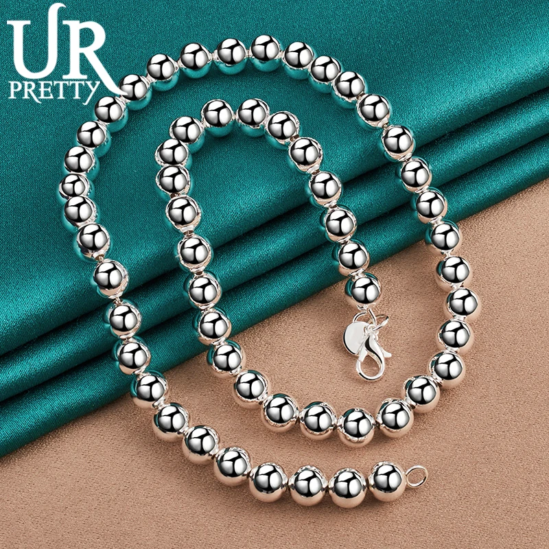 UPRETTY New 925 Sterling Silver 8mm Smooth Beads Necklace 18 Inch For Woman Party Wedding Engagement Charm Jewelry Gift