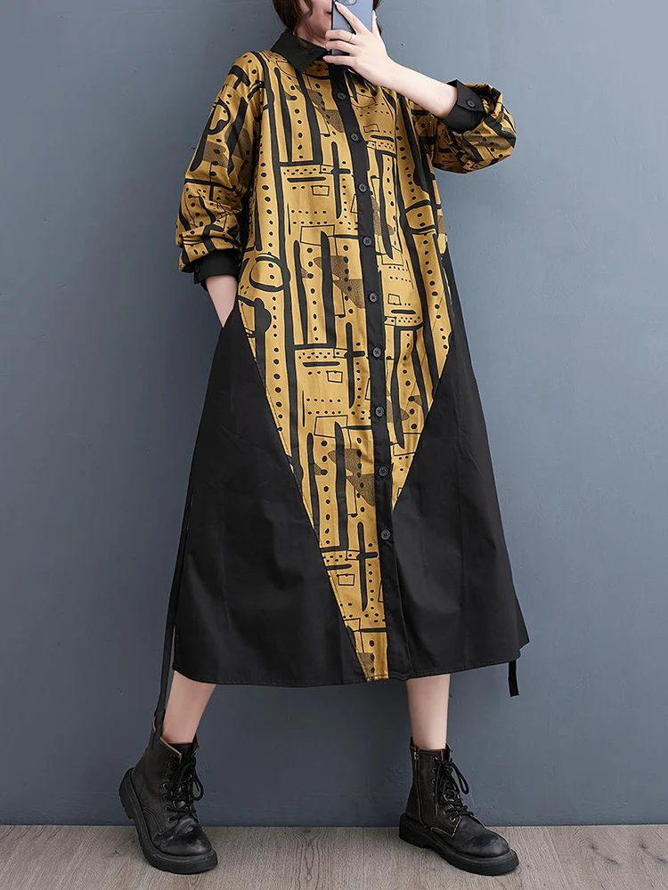 

2023 Spring Autumn New Patchwork Vintage Print Shirt Dresses Women Korean Fashion Long Sleeve Loose Casual Dress Elegant Clothes