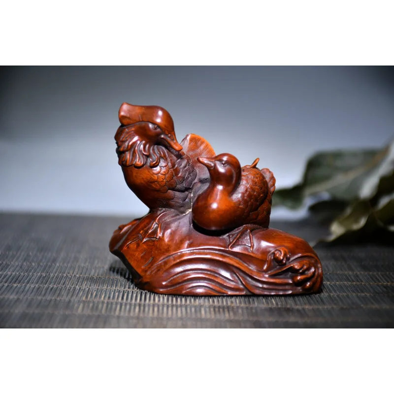 

3.1" Chinese Box-wood Hand Engraving Animal Lovable Mandarin Duck Statue Craft Gift Decoration Home Decore