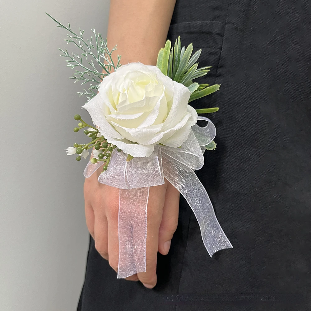 Branco Boutonnieres pulso Corsage Flores Artificiais dama de honra Acessórios casamento Ramillete Damas De Honor