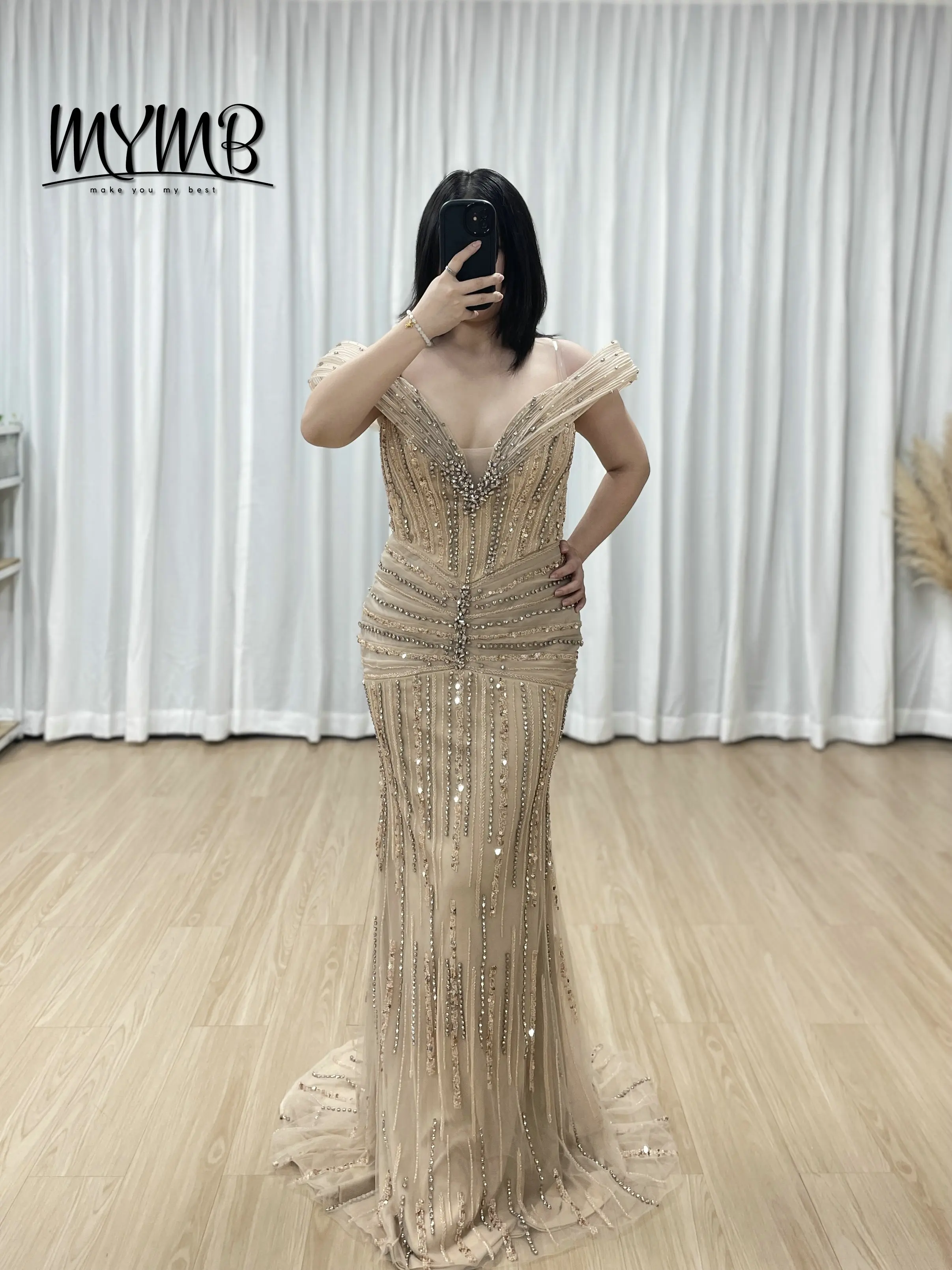 

MYMB Luxury Champagne Wedding Dress Off Shoulder Sleeveless Beaded Mermaid Long Evening Dresses Formal Gowns for Party MY30158