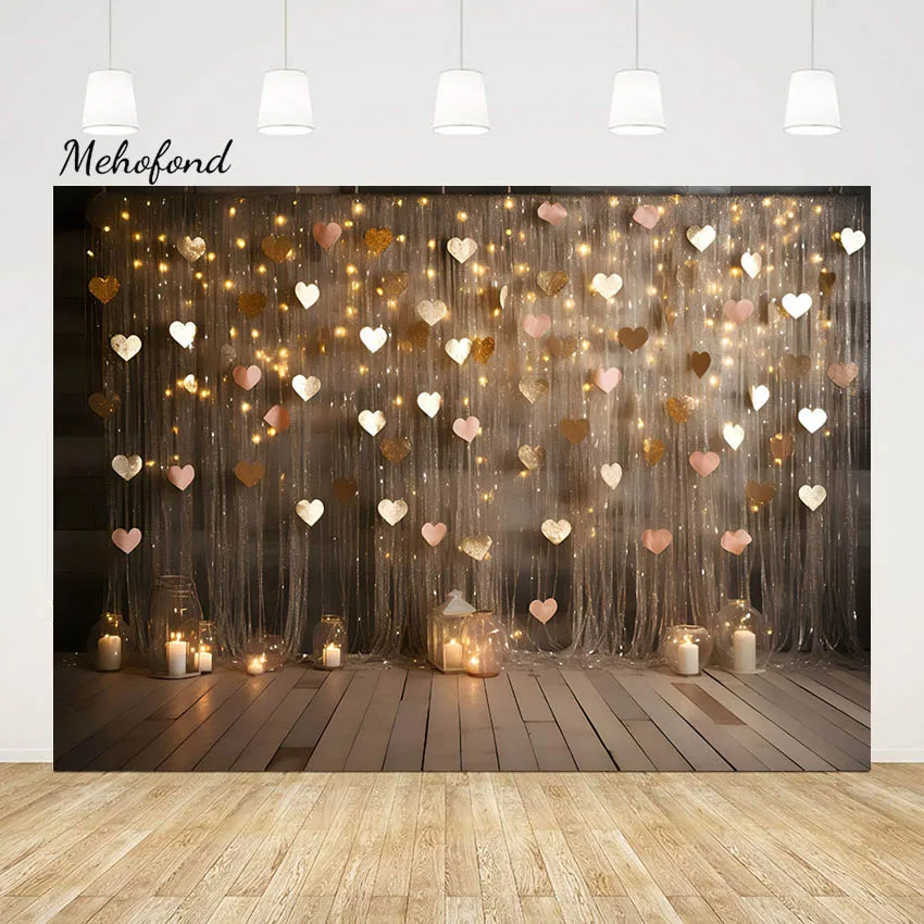 Mehofond Valentine's Day Photography Backdrops Glitter Love Heart Valentine Portrait Curtain Wedding Bridal Shower Background