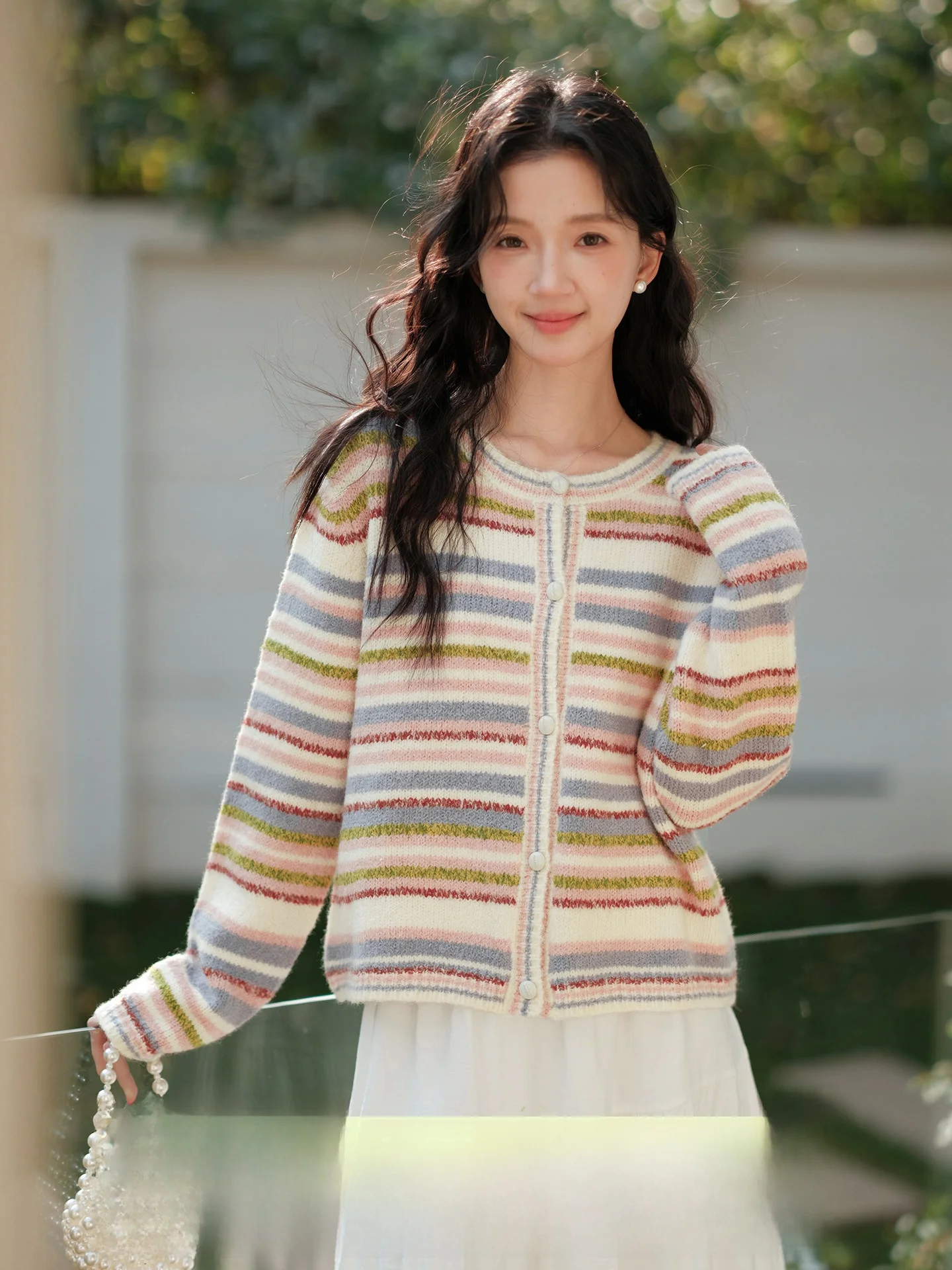 

Dopne ing Color Blo Striped Knitted Cardigan Women's Spring Faion round Ne Sweater Medium Thin Long Sve