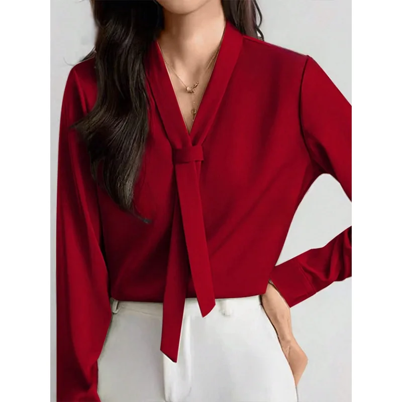

VLong Sleeve Shirt with Ribbon Collar Satin Elegant Niche Design Top Spring Summer New Women's Fashion Direct Sale