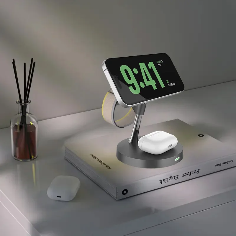 شاحن لاسلكي مغناطيسي 3 في 1 حامل قابل للتعديل لهاتف iPhone 17 16 15 14 Pro Max iWatch 10 9 8 AirPods Pro محطة شحن سريعة #6