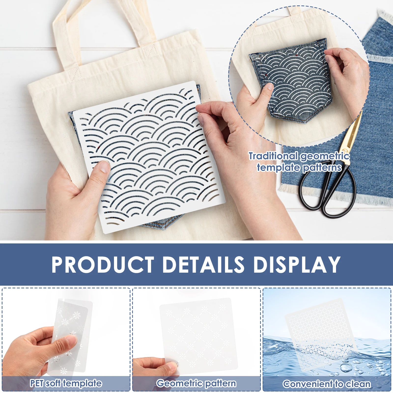 12 Pcs Sashiko Stencils Kit Complete Reusable Sashiko Thread and Needles Thimble Set Denim Fabric Embroidery Kits for Beginners