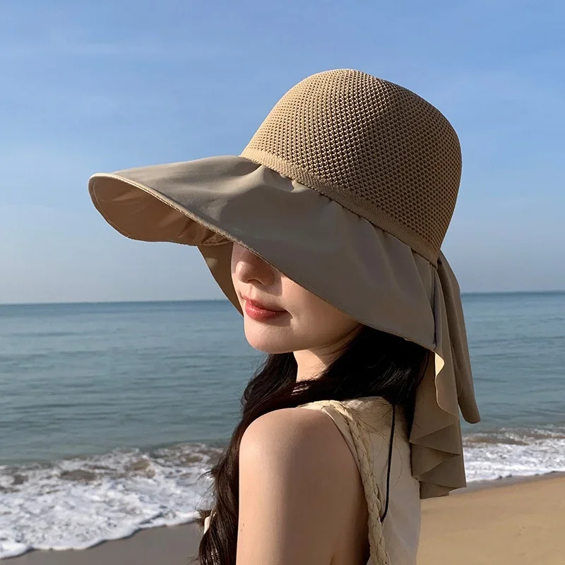 Cappello da sole estivo da donna con protezione UV Cappello da pescatore a tesa larga con scialle maschera Perfetto per la protezione solare da spiaggia all'aperto
