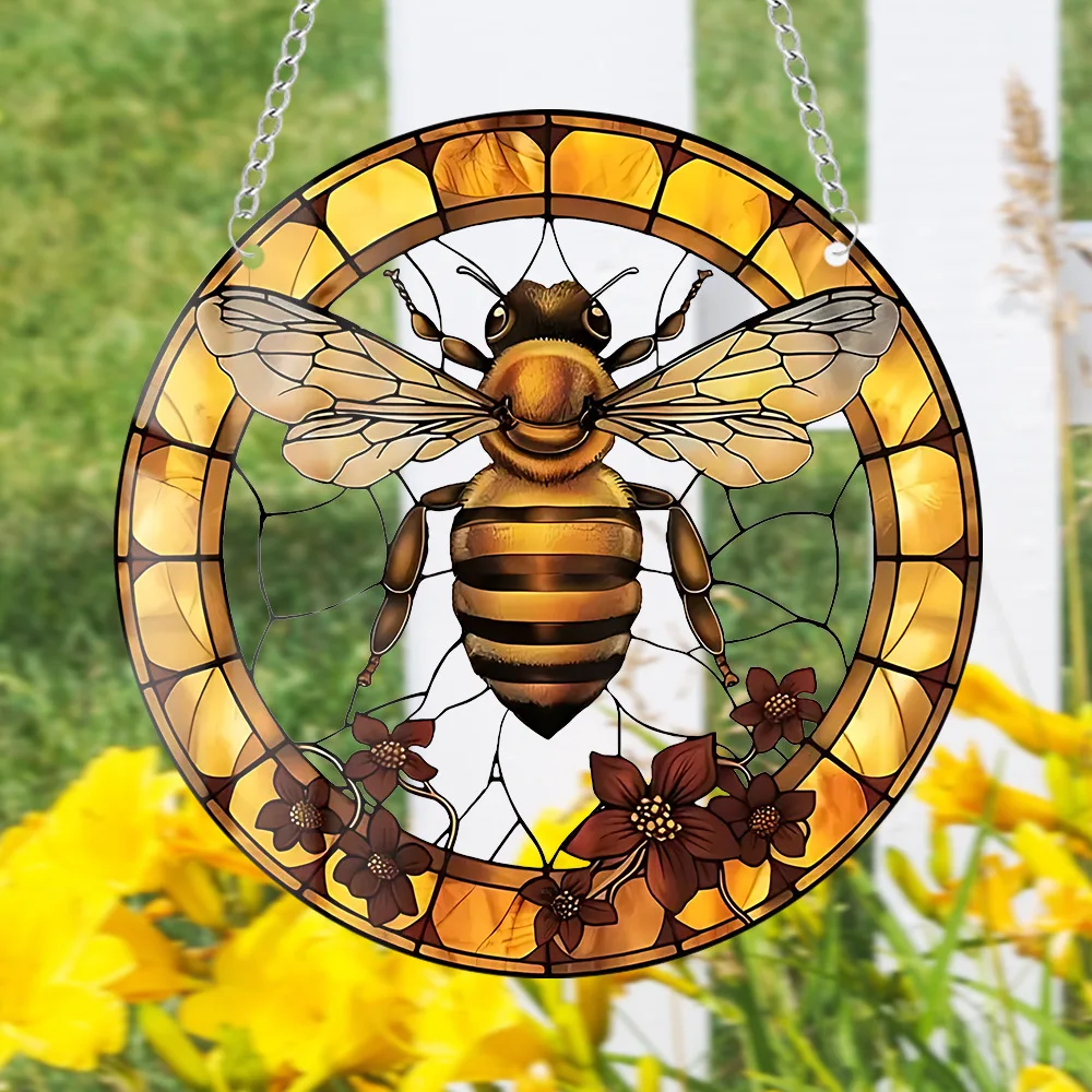 

Bee flower sun round catcher painted transparent belt chain courtyard home decoration listing