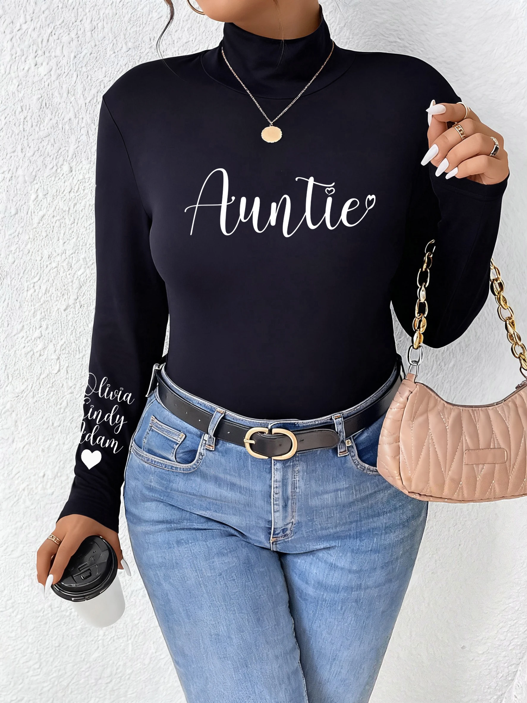 Creative Auntie Art Letter Printing Women Velvet Fleece Tops Casual Warm Shirts Trendy Comfy Long Sleeve Soft Autumn Streetwear