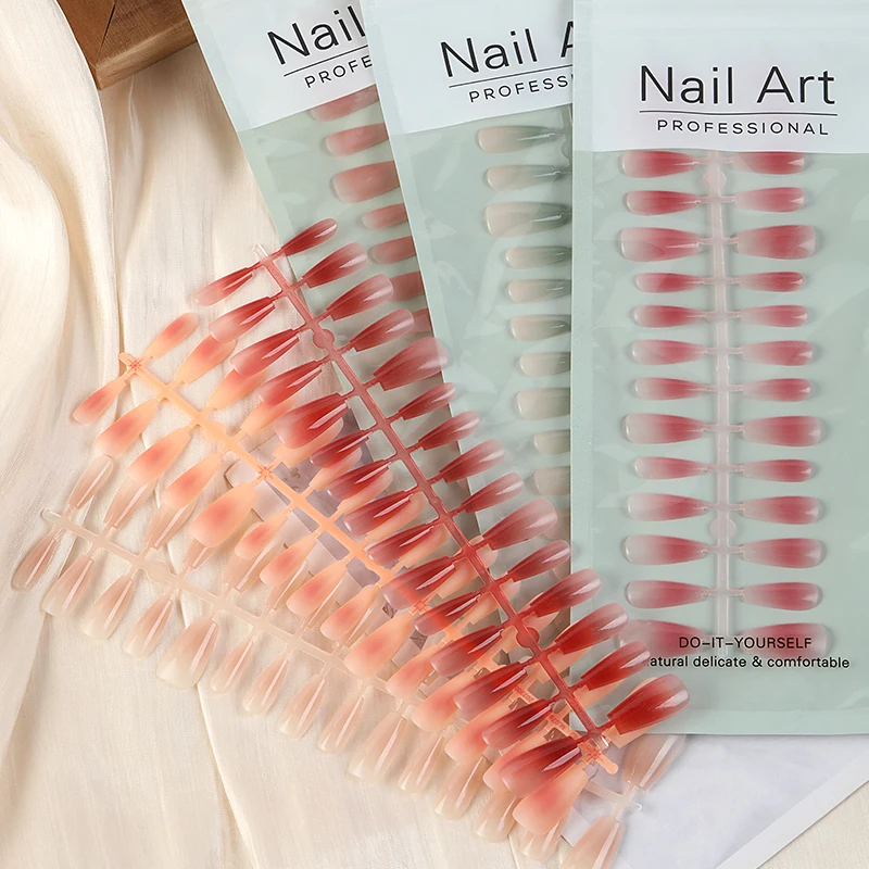 30szt S M L Size Press On Nails Blooming Gradient Effect Handmade Fake Nails Long Coffin False Nail Tips + Jelly Sticker Glue