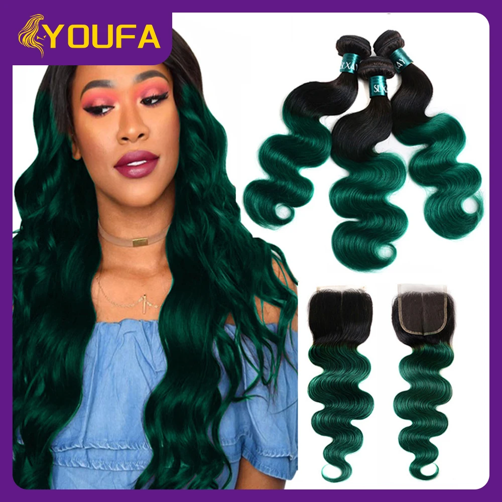 Turquoise Human Hair Bundles With Closure Baby Hair Around Body Wave Ombre Human Hair Weave And 4x4 Transparent Lace Closure
