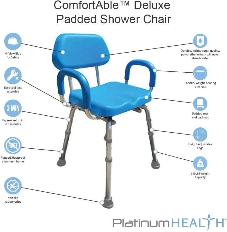 Padded Shower and Bath Chair with Armrests and Back, for Elderly and Seniors Safety, Adjustable Height, Institutional Quality, B