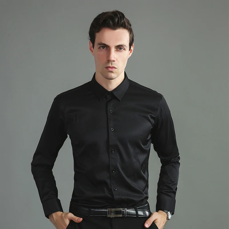 Camisa de manga larga para hombre, camisa suave y cómoda, transpirable, ajustada, para negocios sociales, a la moda, color negro, blanco, Azul,