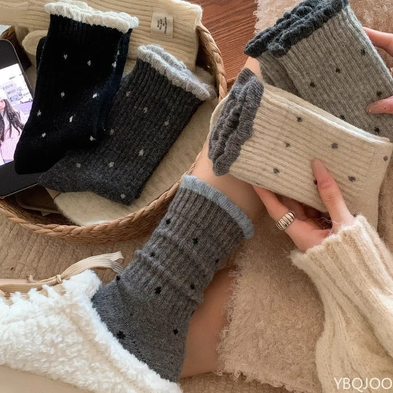5 pairs Winter plush thick socks warm mid tube socks lace and polka dots fashionable and multifunctional long tube women's socks