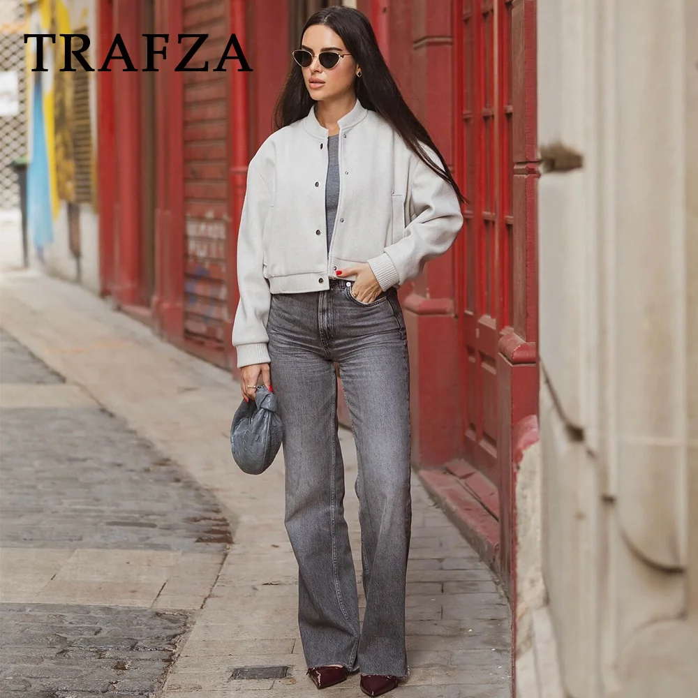 TRAFZA 2024 Autumn Winter Casual Women Jackets Fashion Streetwear O Neck Solid Single Breasted Pockets Chic Ladies Jackets