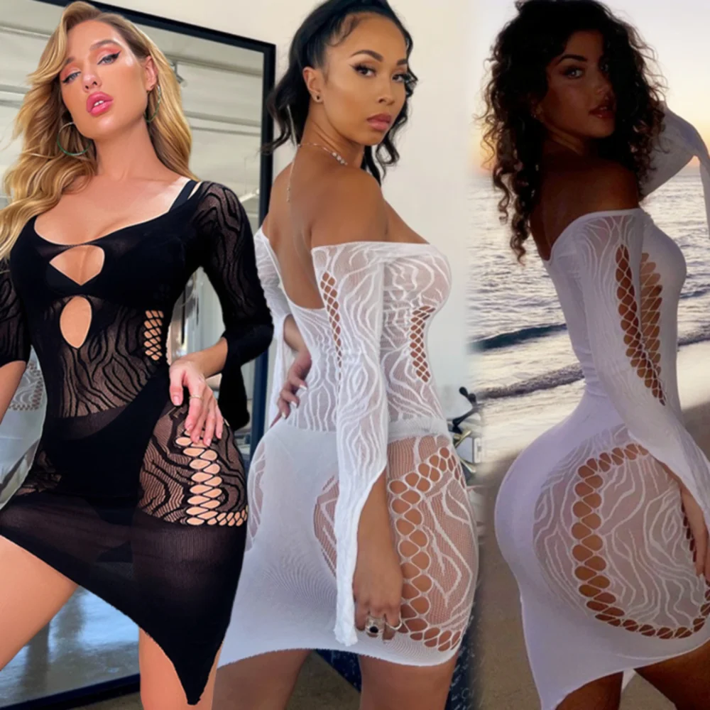 High Quality Mesh Sex Set Women\'s Sexy Fishing Net Bodycon Dress Erotic See Through Hollow Mini Skirt Sexy Lingerie Underwear