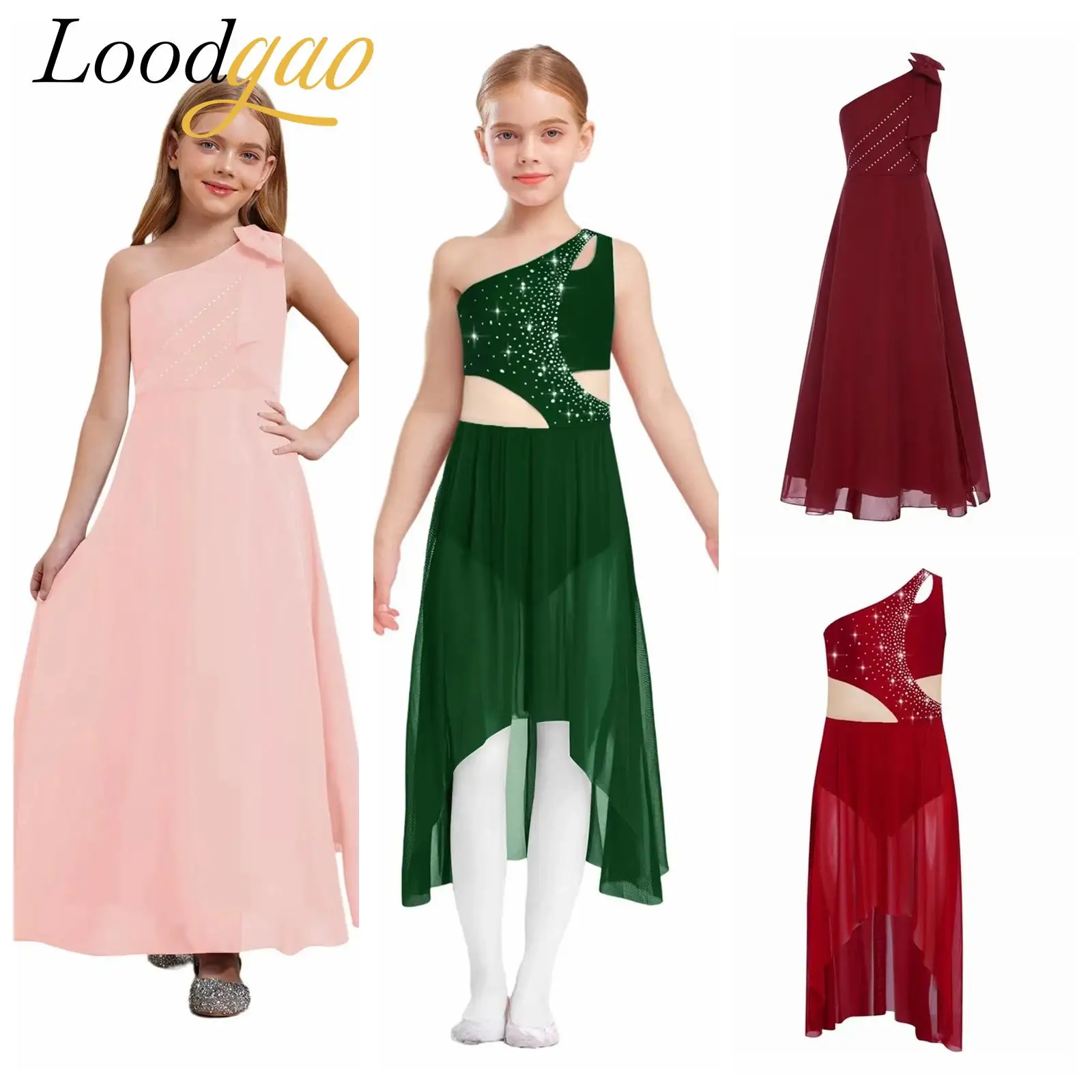 

Girls Kids Lyrical Dance Skating Dresses Sleeveless High-Low Flowy Mesh Ballroom Costume Shiny Rhinestone Dancewear Ballet Dress
