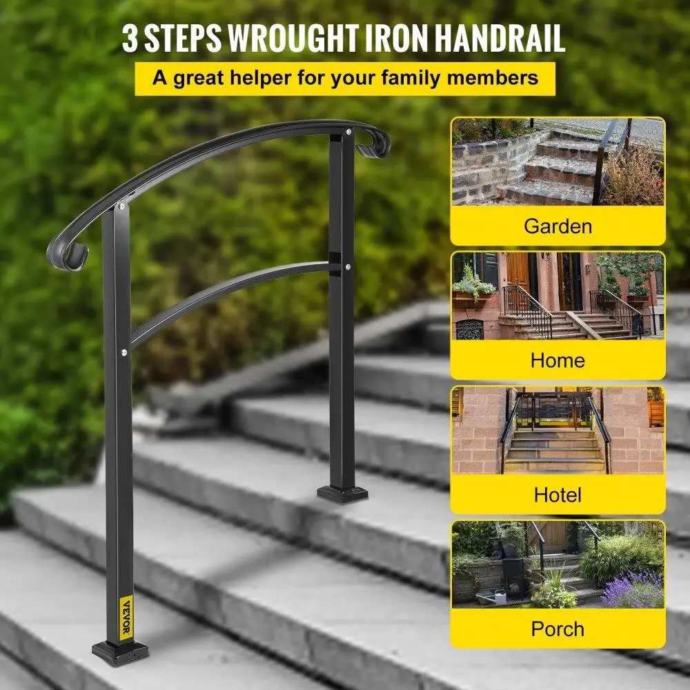3-Step Transitional Handrail Fits 1 or 3 Steps Matte Stair  Wrought Iron Handrail with Installation Kit Hand Rails for