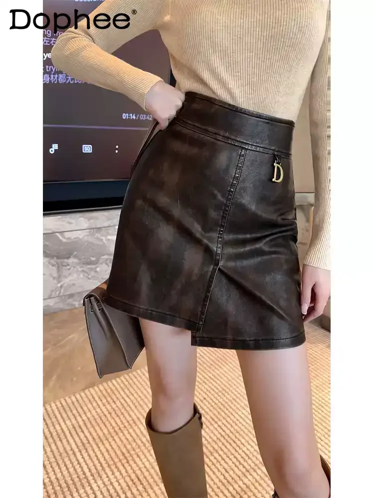 

Coffee Leather Skirt Women 2024 New Split High Waist A Line Hip Skirt Versatile Sexy Slim Mini Skirt Autumn Korean Style Skirts