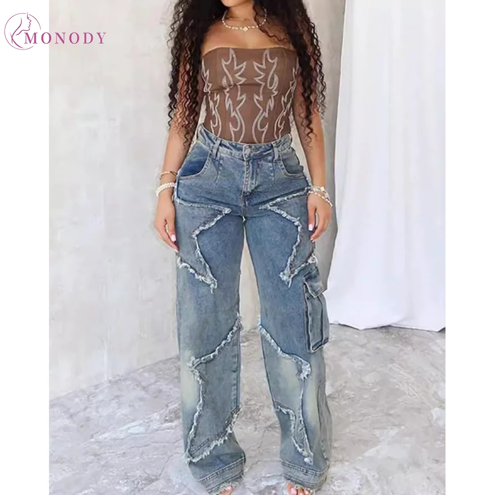 American Retro Star Tassel Raw Edge Loose Straight Casual Jeans Wide-leg Sense Denim High Street Trousers Y2K Streetwear