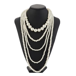 Vintage Imitation Pearl Choker Necklace Art Decor Flapper for Women White Multi-layer Imitation Pearl Necklace Sweater Chain