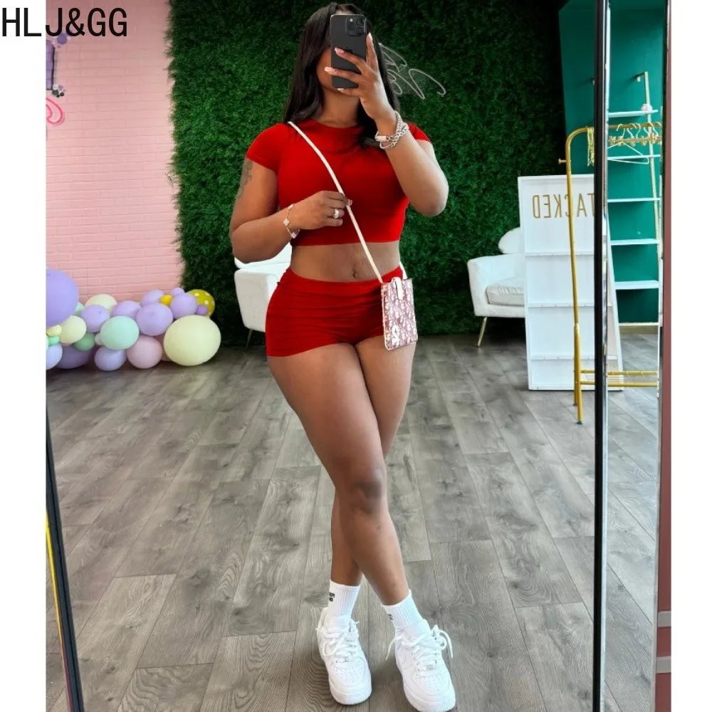 HLJ&GG Summer New Solid Skinny Shorts Two Piece Sets Women Round Neck Short Sleeve Crop Top And Shorts Outfits Fashion Clothing