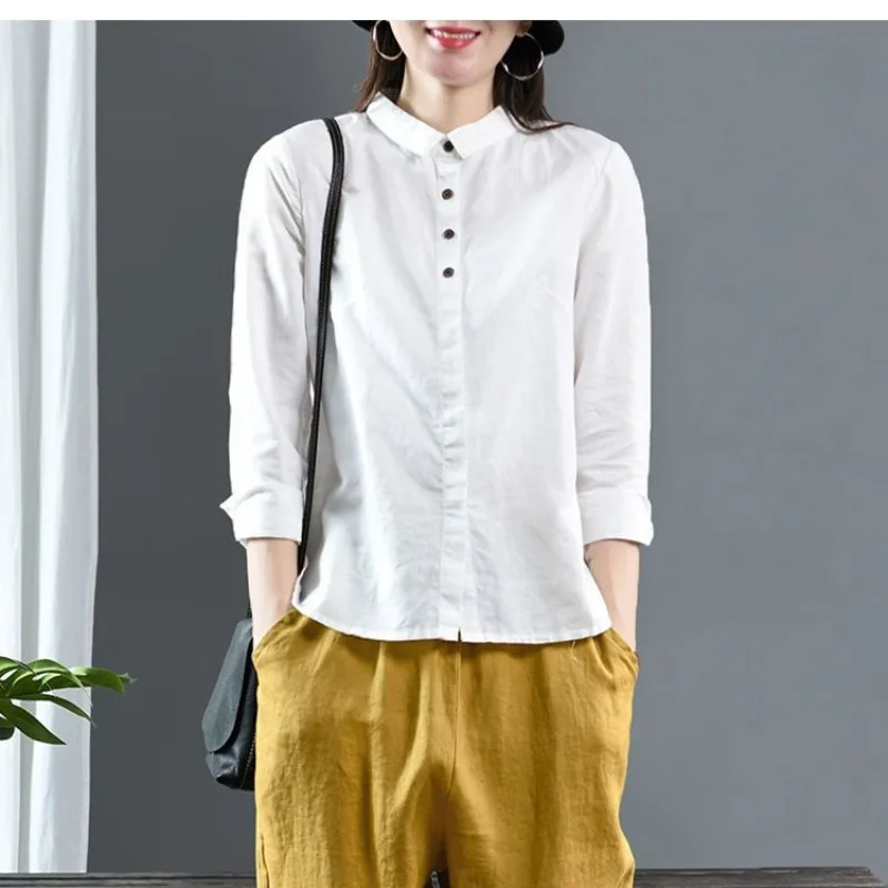 Women\'s Spring Autumn Solid Color Standing Neck Button Temperament Long Sleeved Loose Casual Versatile Cotton Linen Shirt Tops