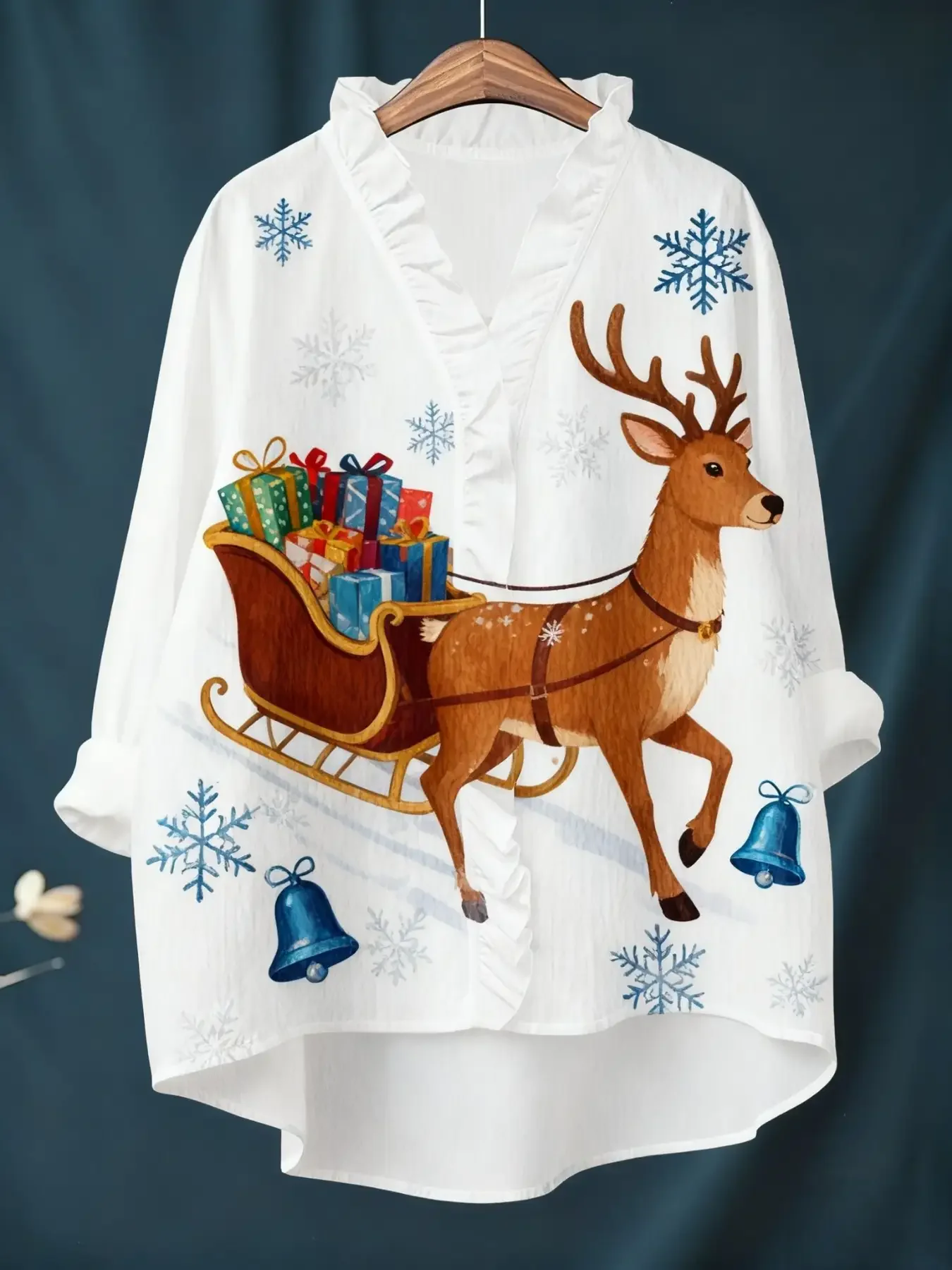 

Women's Christmas digital printed long sleeved shirt with ruffled collar, Ladies' Large Floral Printed Long Sleeve Shirt