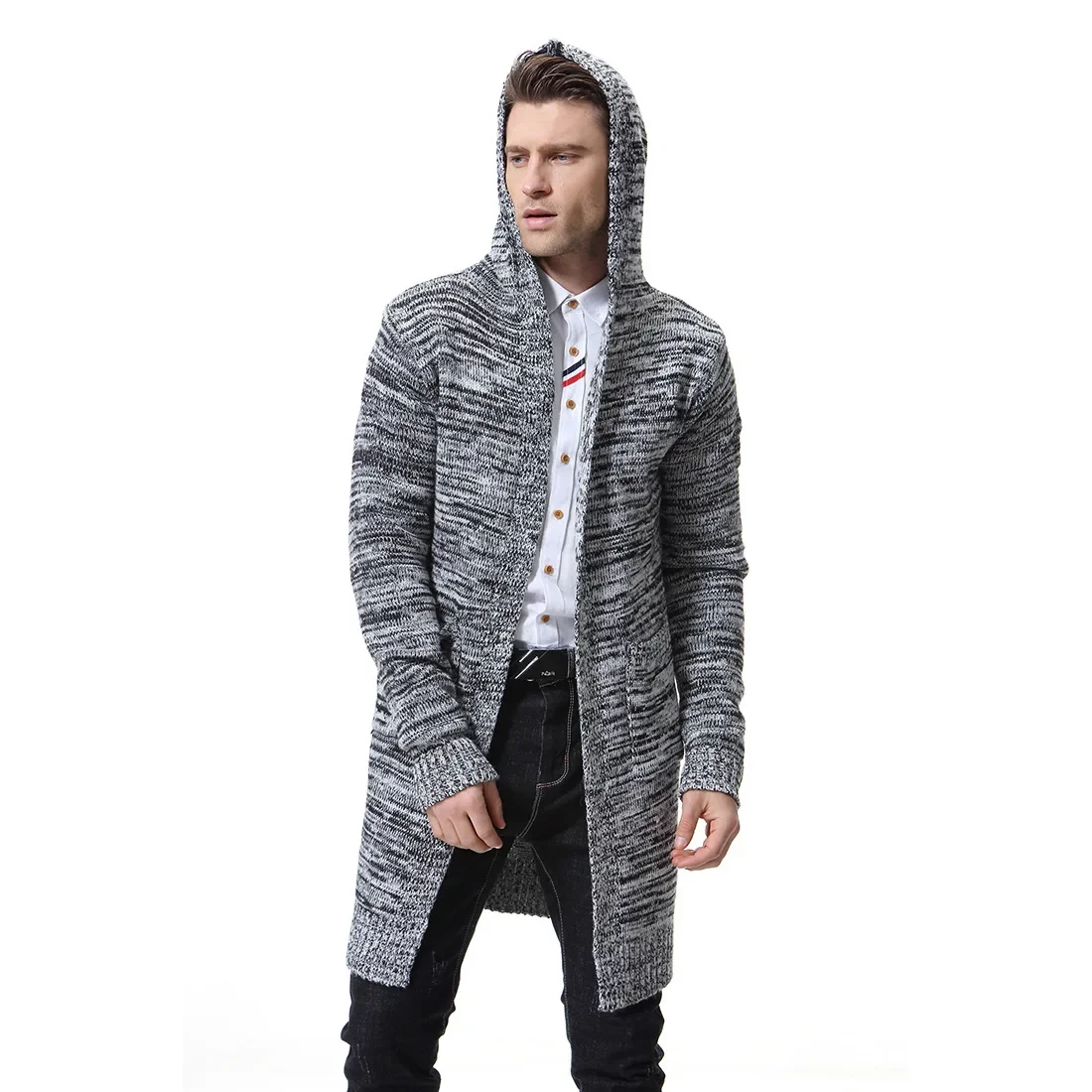 Cappotto maglione Cardigan spesso con cappuccio da uomo maglione X-lungo