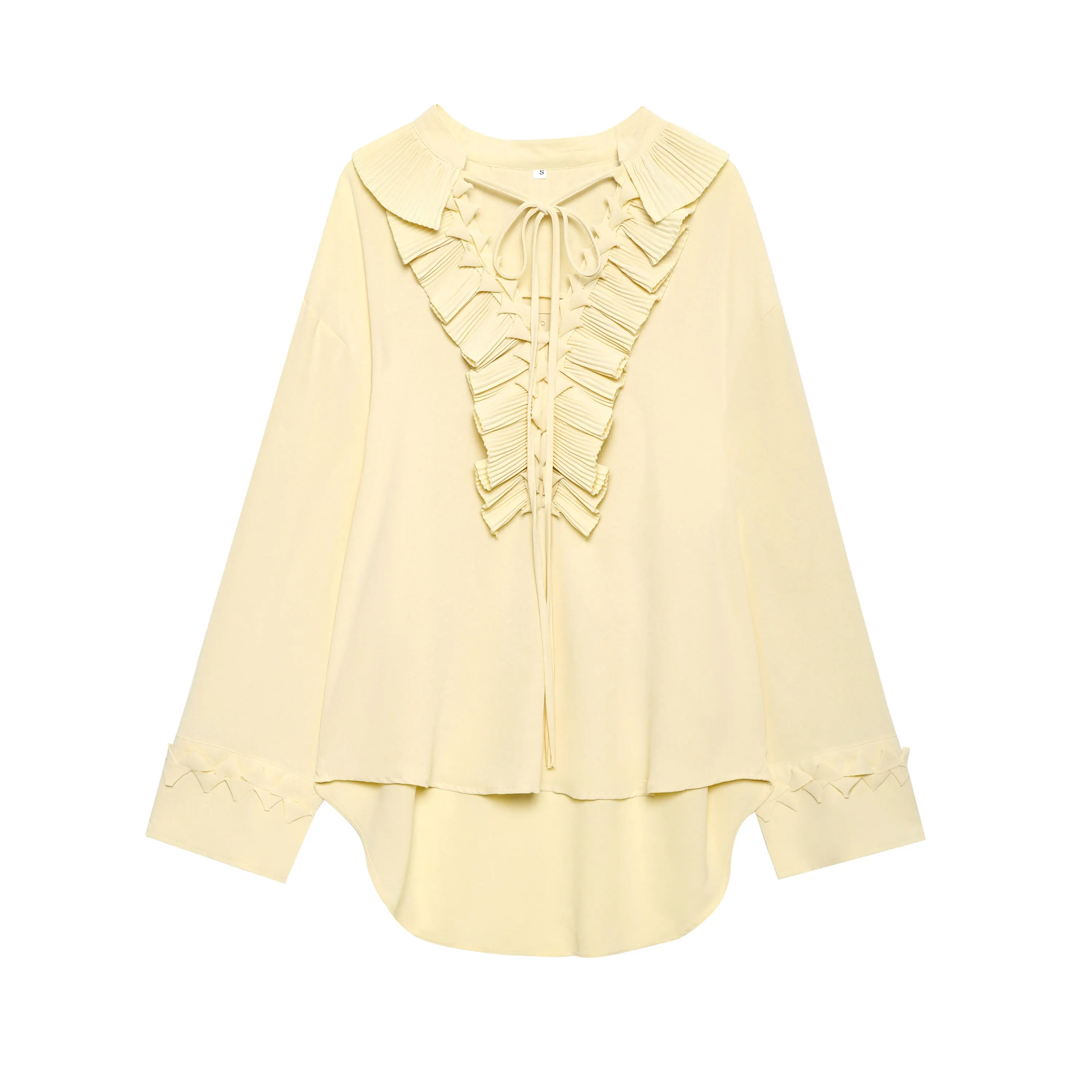 HH Vrouwen Elegante Gele Ruches Lace-up Blouse Rokken Sets Lange Mouw V-hals Shirt Geplooide Midi Rok 2025 Vrouwen Outfits