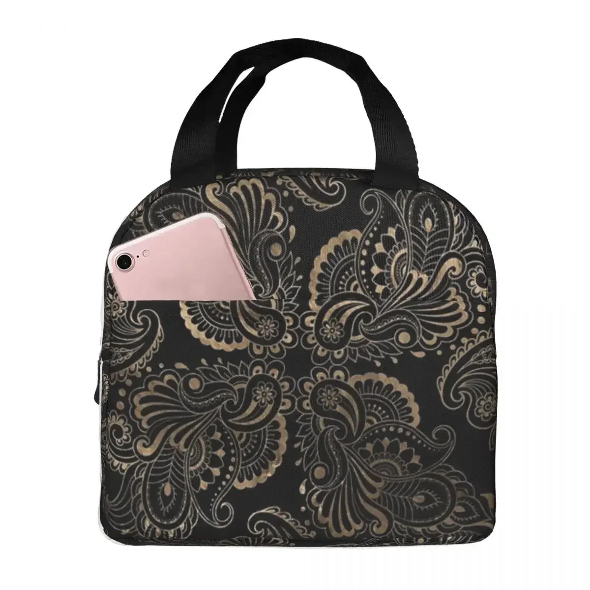 Lunch Bag for Women Kids Oriental Paisley Ornament Insulated Cooler Bag Portable Picnic Work Canvas Lunch Box Food Storage Bags