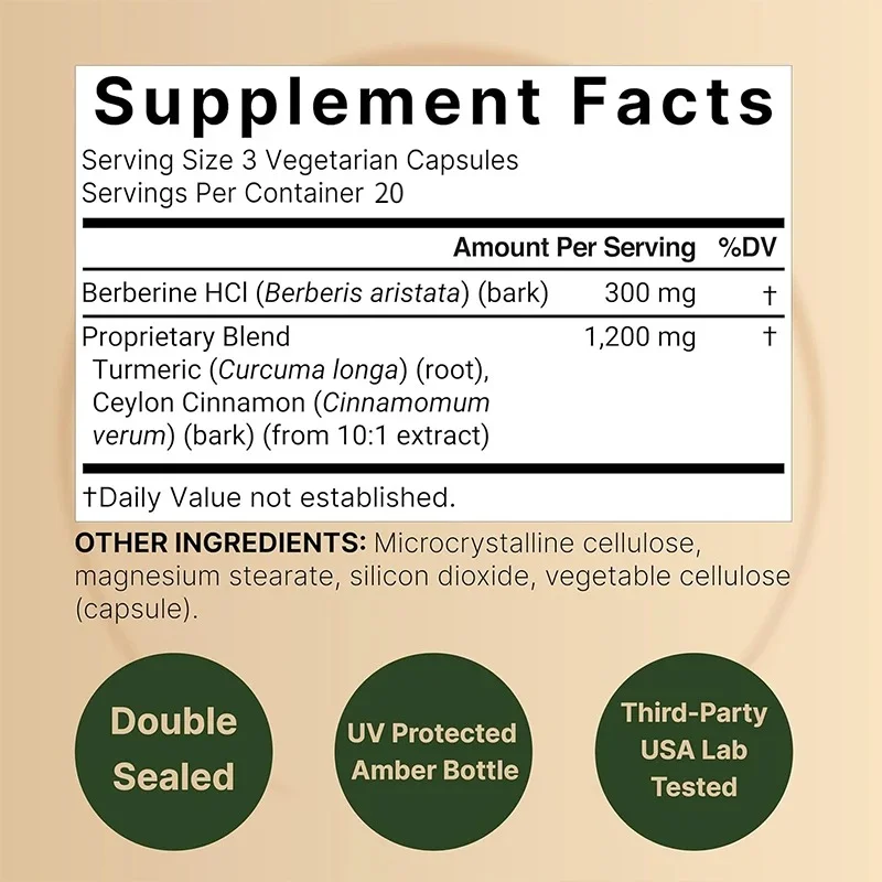 Berberine Supplement, Containing Ceylon Cinnamon and Turmeric Root, 60 Vegetable Capsules, Supports Heart Health, Vegan